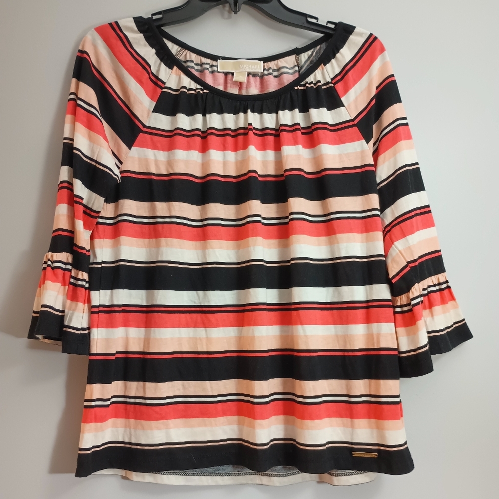 Michael Kors Striped Top With 3/4 Sleeves M
